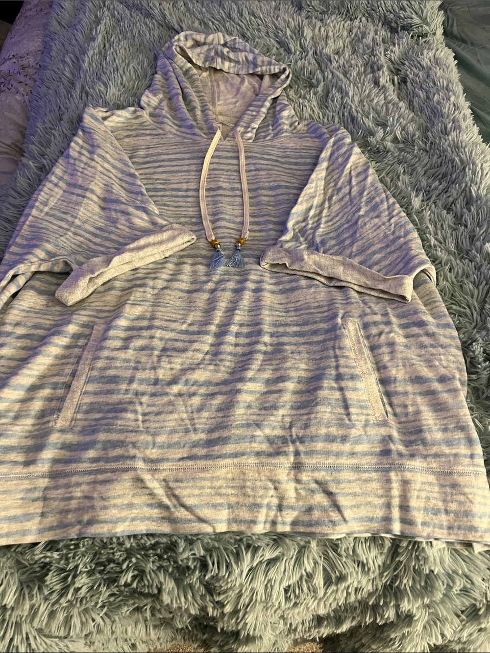 VICTORIAS SECRET NEW M STRIPED HOODED BEACH PULLOVER with Tassel Drawstrings